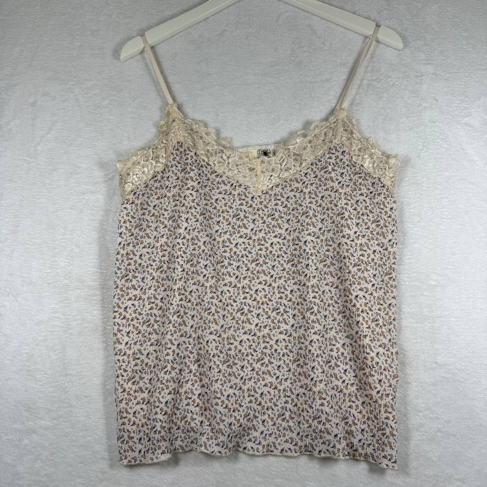 Everleigh Floral Lace Trim Pleated Camisole Top Cream Blue Orange Womens Medium